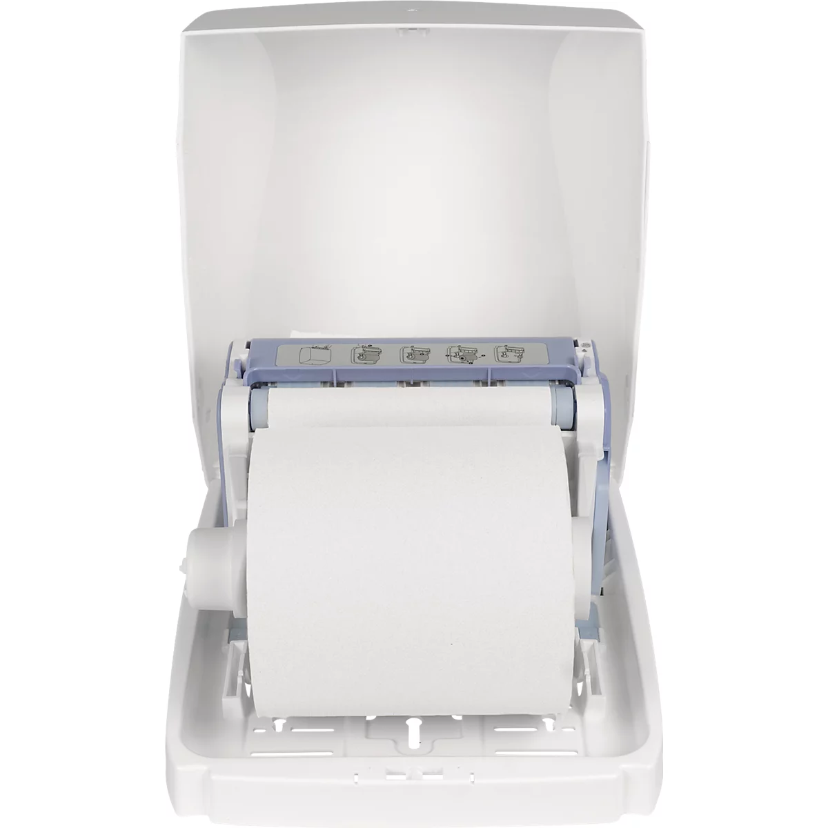 Weißer Papierhandtuchspender, geöffnet, zeigt eine Rolle Papier. Im Deckel Symbole.