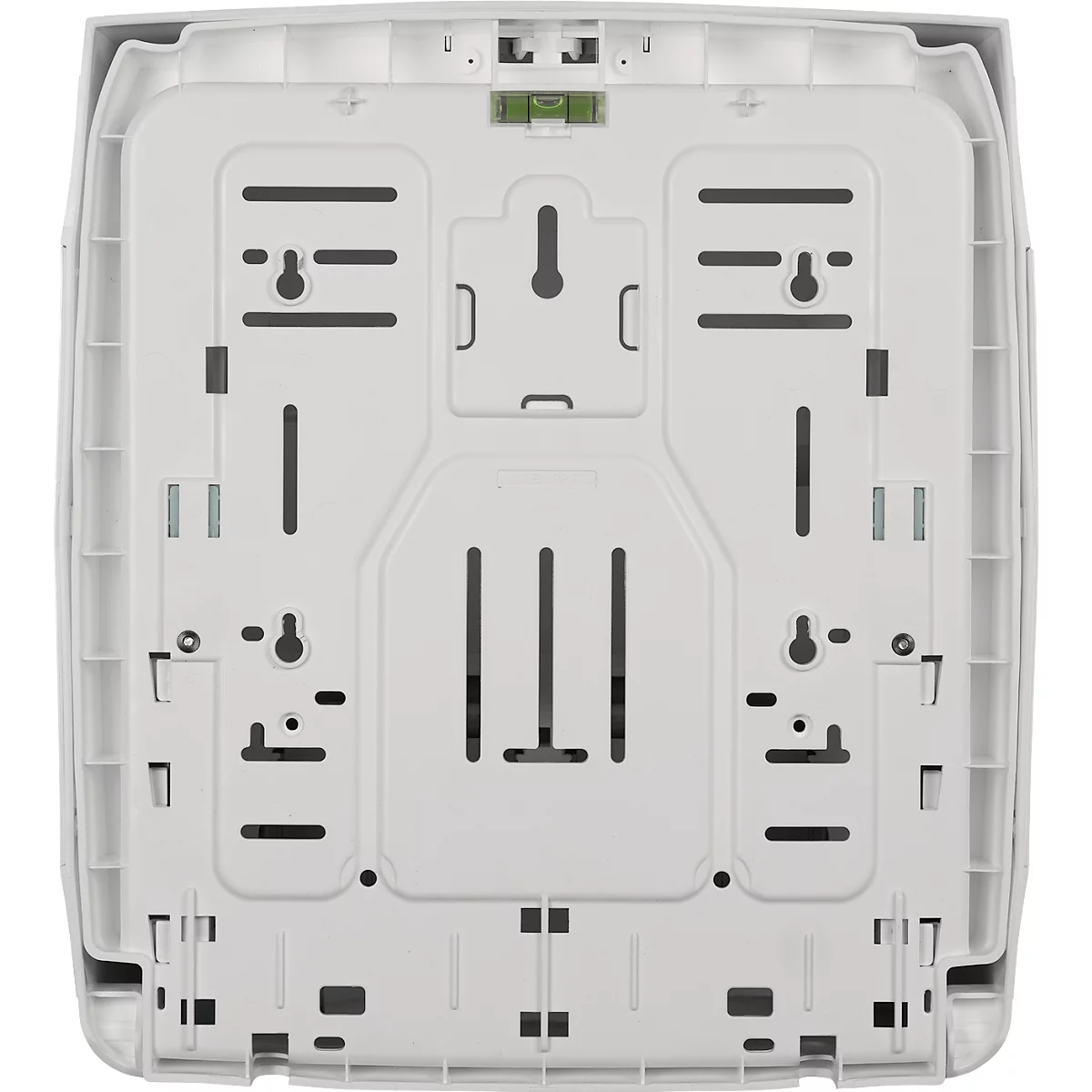 Rückseite eines rechteckigen, weißen Geräts mit diversen Aussparungen und Halterungen.