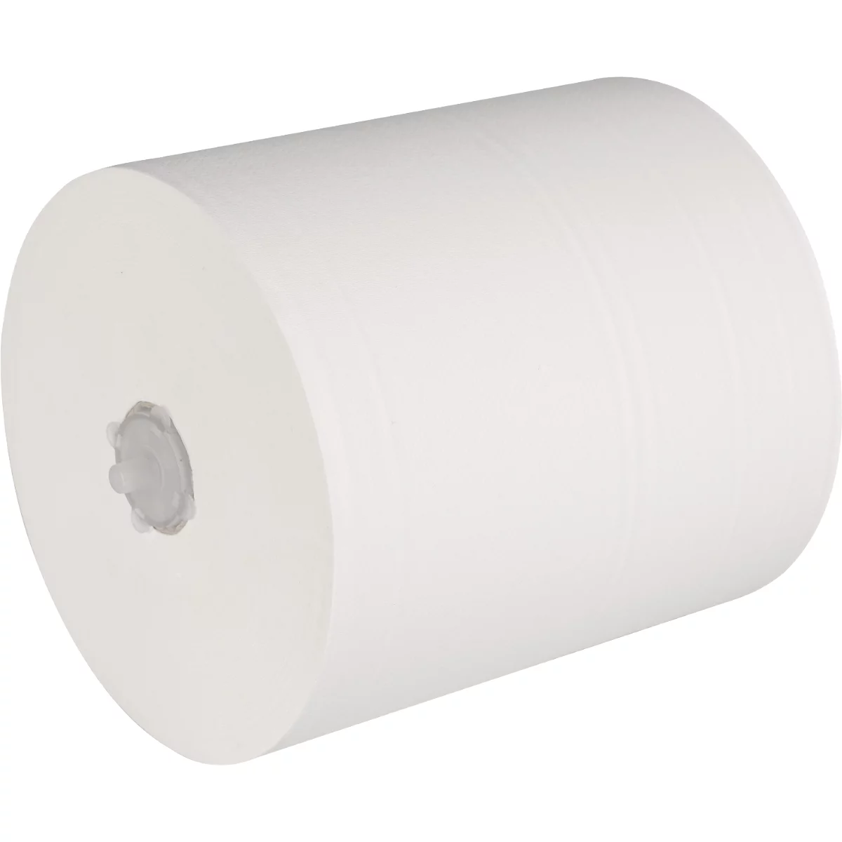 Un grand rouleau de papier essuie-tout blanc est incliné. Une ouverture est visible au milieu du rouleau.