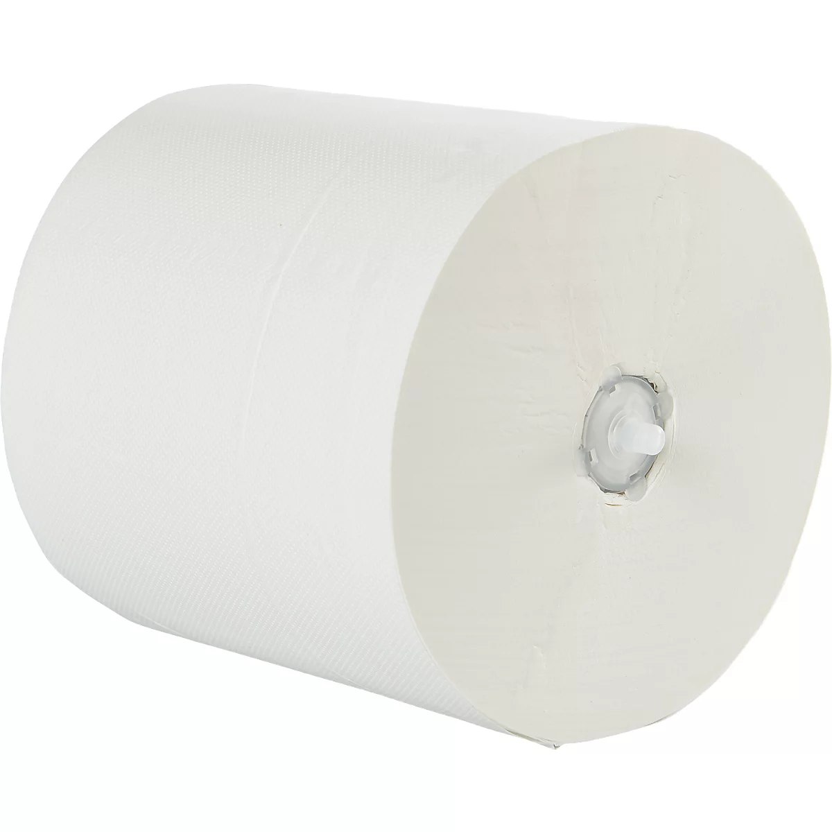Un grand rouleau d'essuie-tout blanc est incliné, son cœur interne visible.