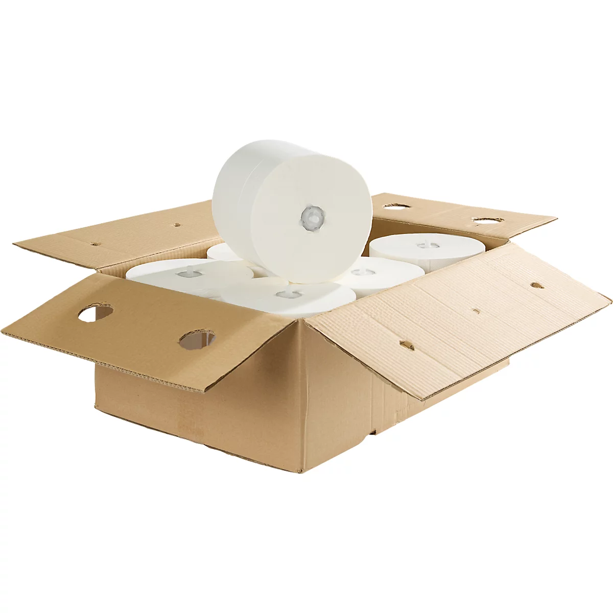 Boîte en carton avec rouleaux d'essuie-tout. Un rouleau est posé sur les autres.