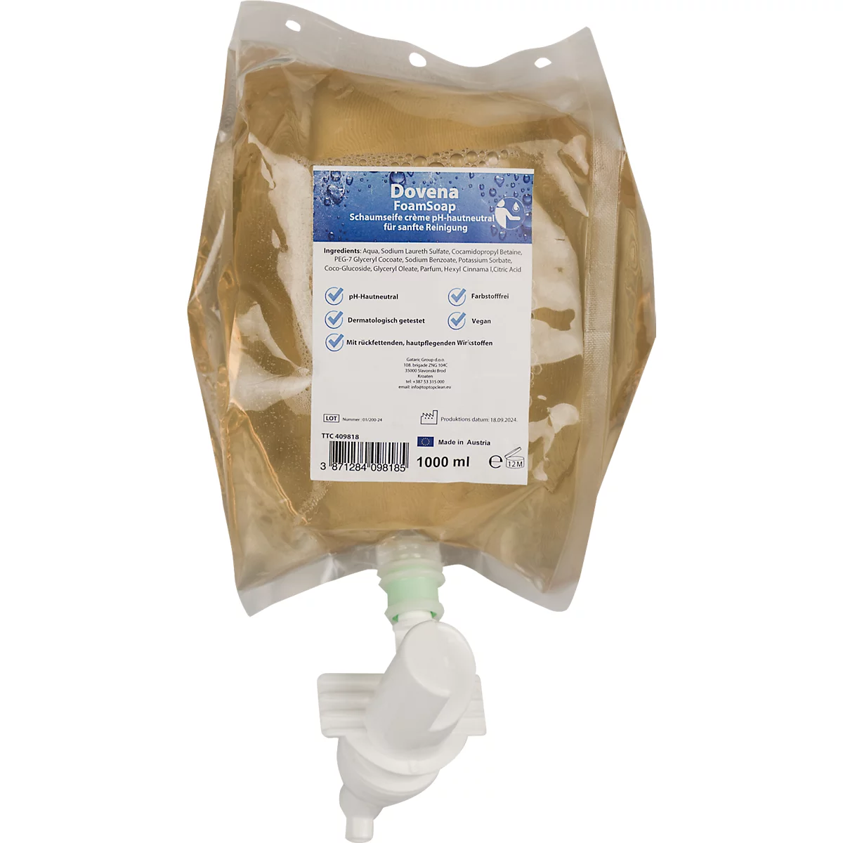 Eine Packung Doveva FoamSoap, mit Spender und Produktinformationen auf dem Etikett. Inhalt 1000 ml.