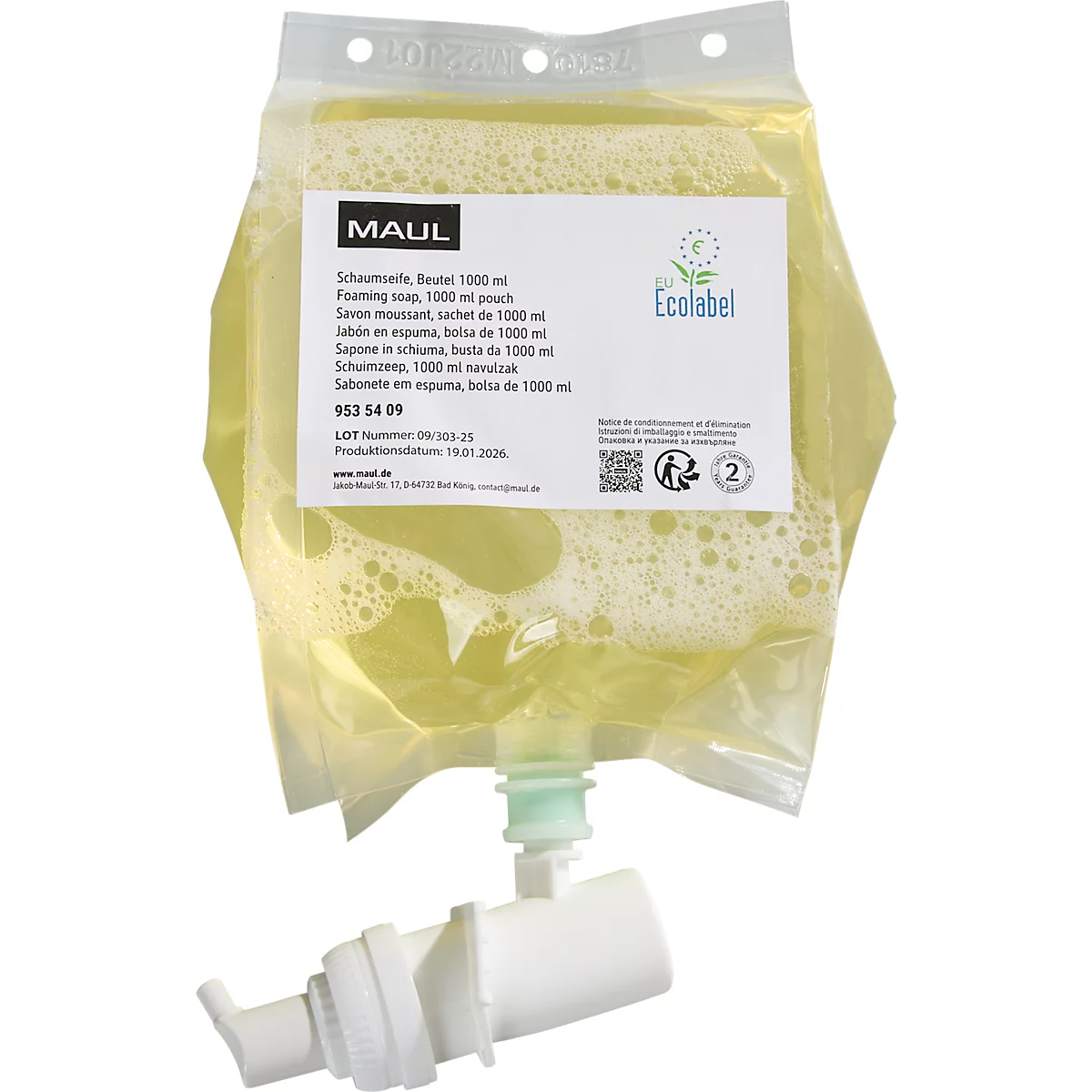 Beutel mit Schaumseife, gelbe Flüssigkeit. Ein Spender ist an den Beutel angeschlossen. Auf dem Beutel sind Logos und Informationen aufgedruckt.