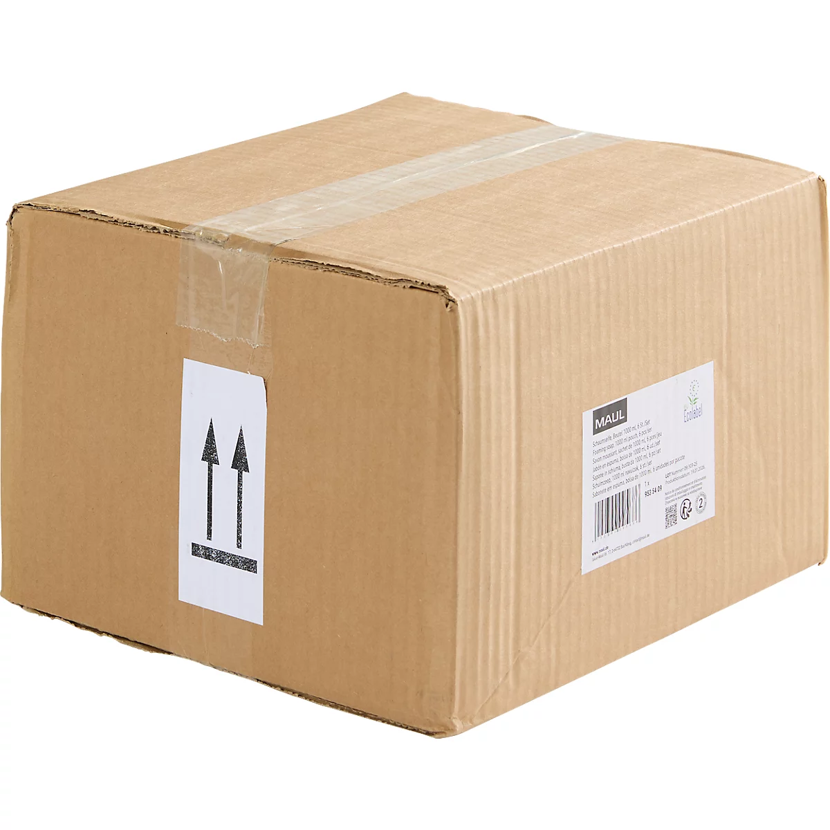 Brauner Karton mit Klebeband und Aufklebern. Auf dem Karton befinden sich Pfeile, die nach oben zeigen.