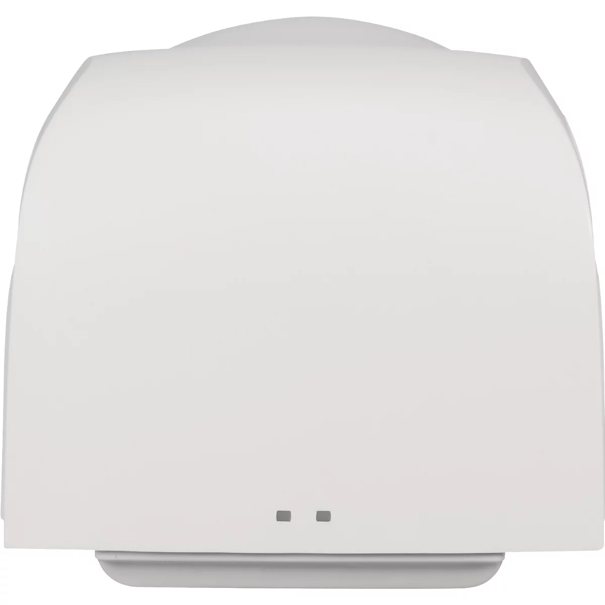 Draufsicht auf ein weißes, abgerundetes elektronisches Gerät mit zwei kleinen grauen Lichtern unten.