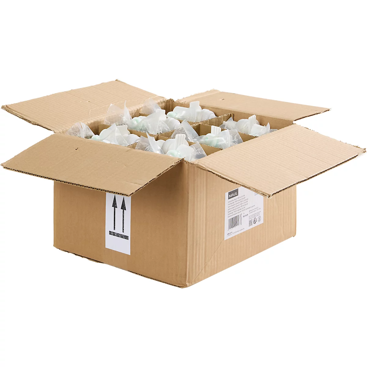 Open kartonnen doos met veel producten, verpakt in plastic. Pijlsymbool.