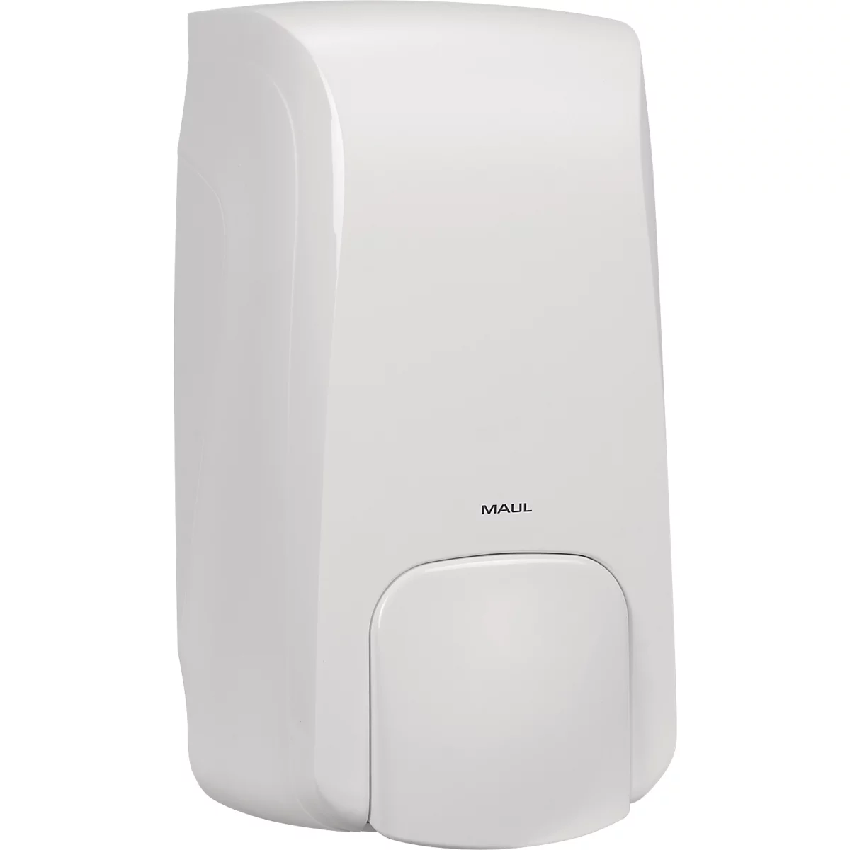 Witte zeepdispenser met de tekst "MAUL". De rechthoekige vorm heeft een licht afgeronde bovenkant en een rechthoekige dispenserruimte.