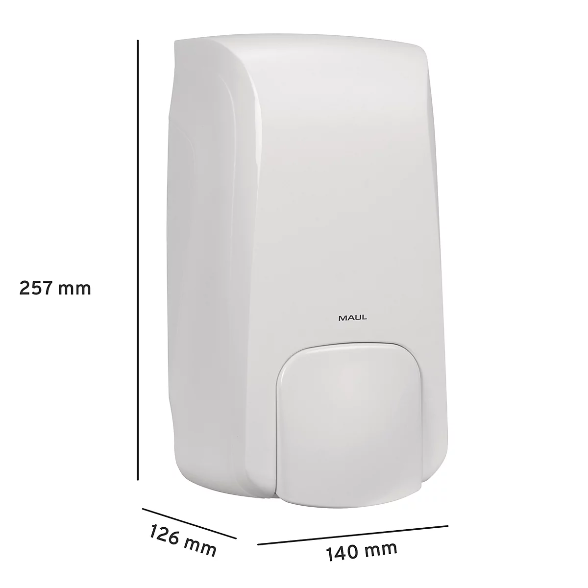 Witte zeepdispenser met afgeronde hoeken en de opdruk 'MAUL'. De afmetingen zijn gespecificeerd.