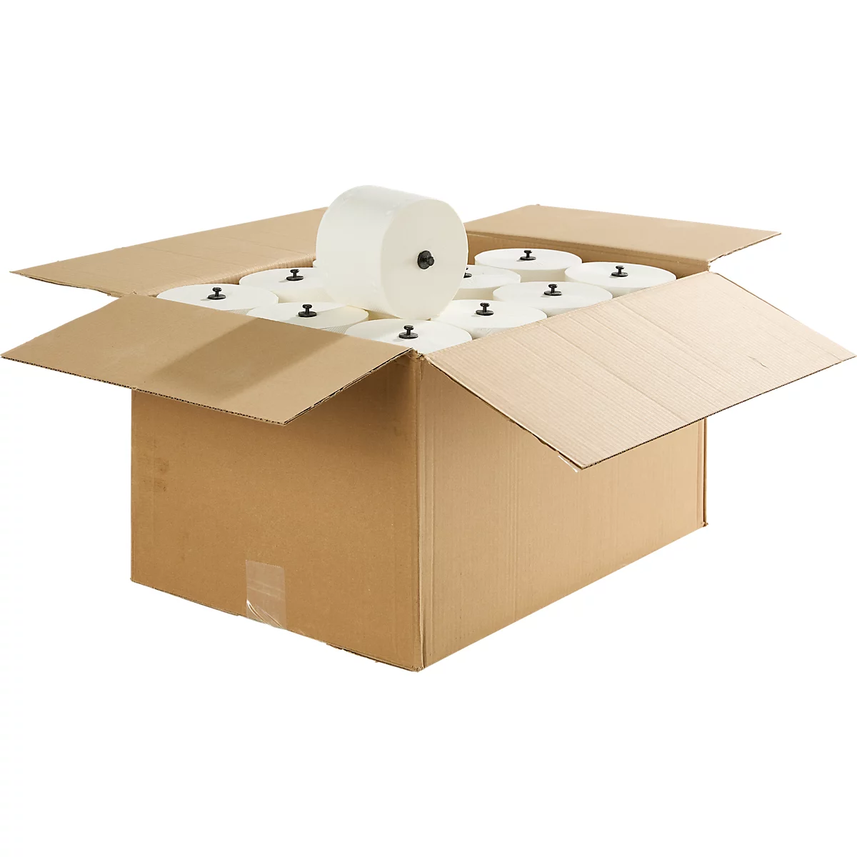 Een open kartonnen doos gevuld met rollen papier, één rol bovenop de andere.