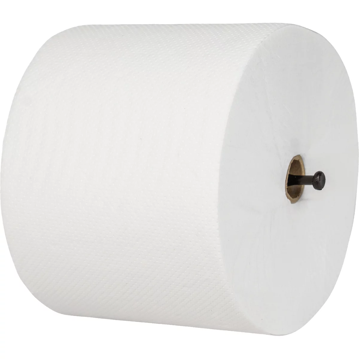 Grote rol wit papier, met een bruine kern en een zwarte knop.