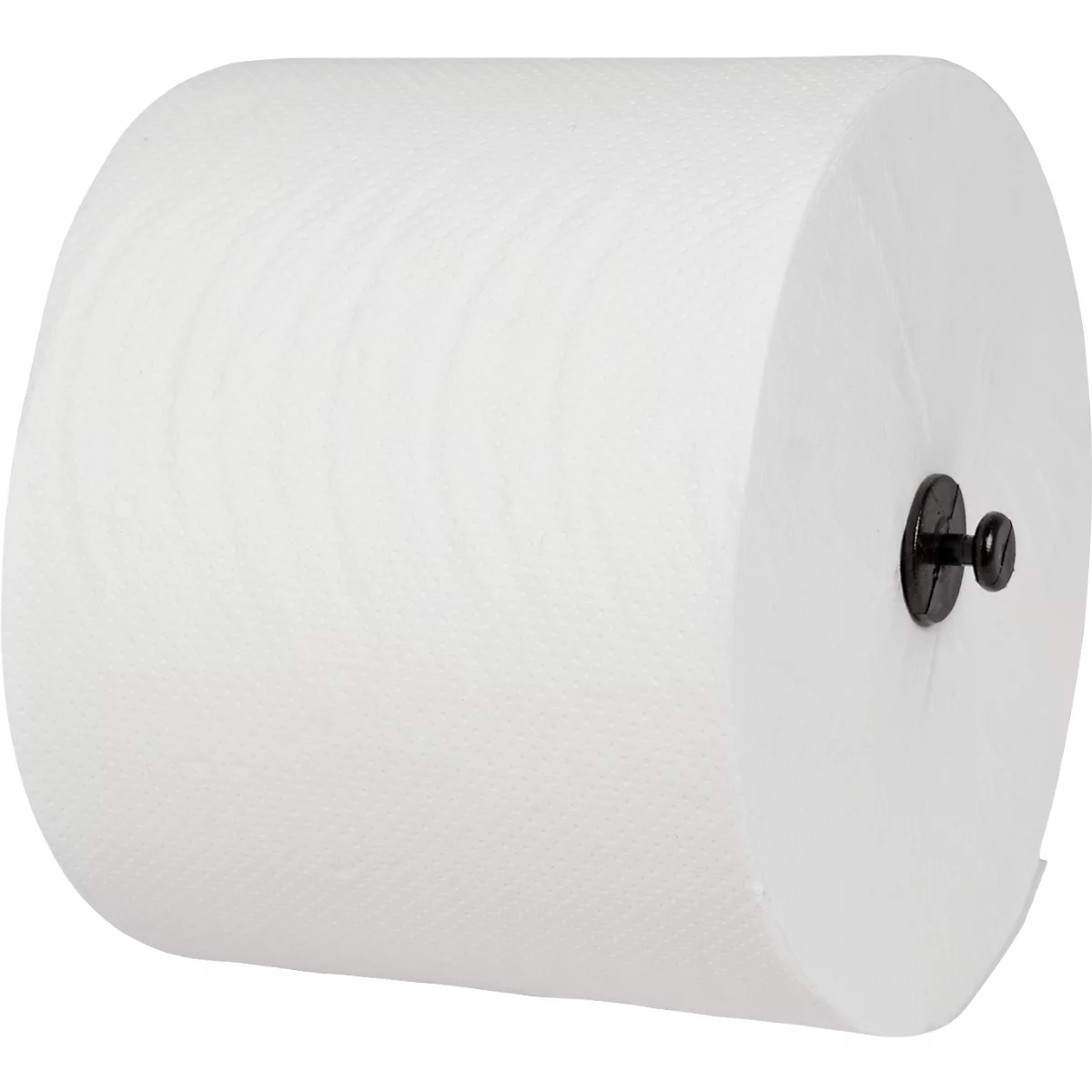 Grote rol witte papieren handdoeken met zwarte houder.
