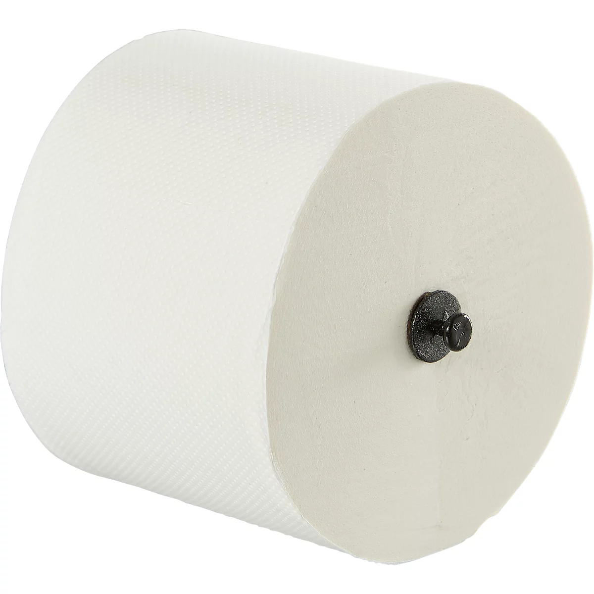 Papierhandtuchrolle, weiß, mit Halterung.