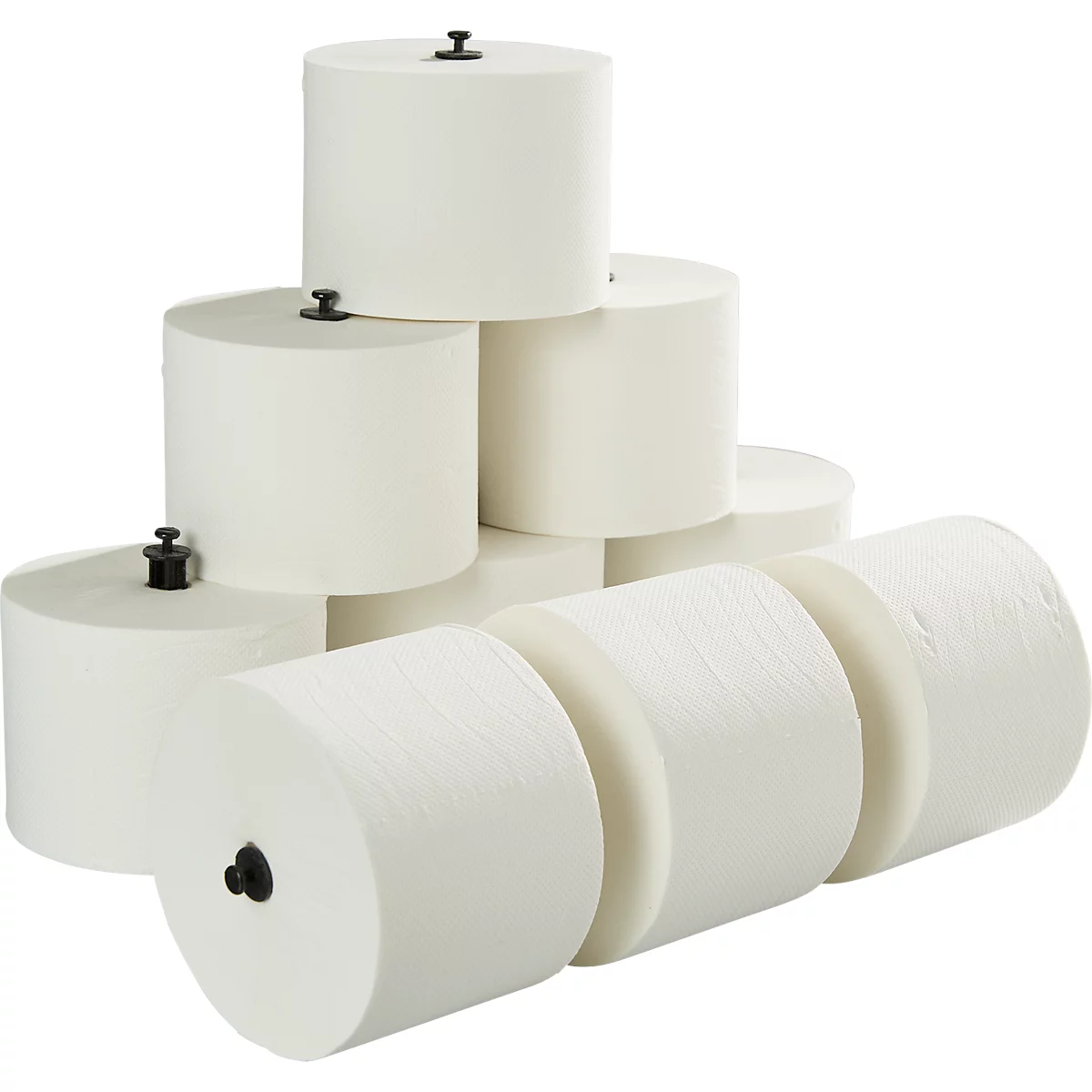 Mehrere Rollen weißes Papier, teilweise aufeinander gestapelt, mit schwarzen Verschlüssen.