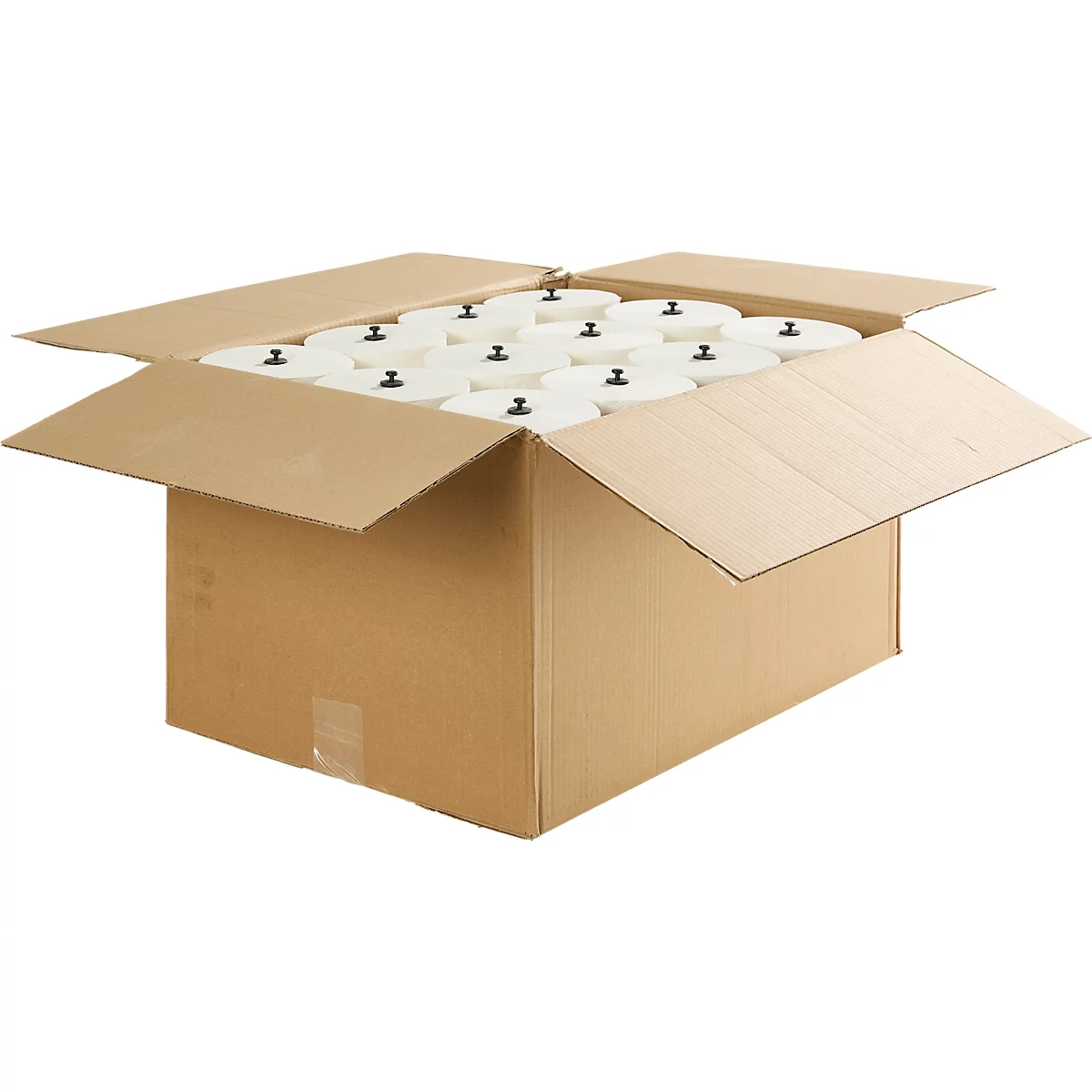 Karton mit weißen Papierrollen mit schwarzen Deckeln. Der Karton ist offen.
