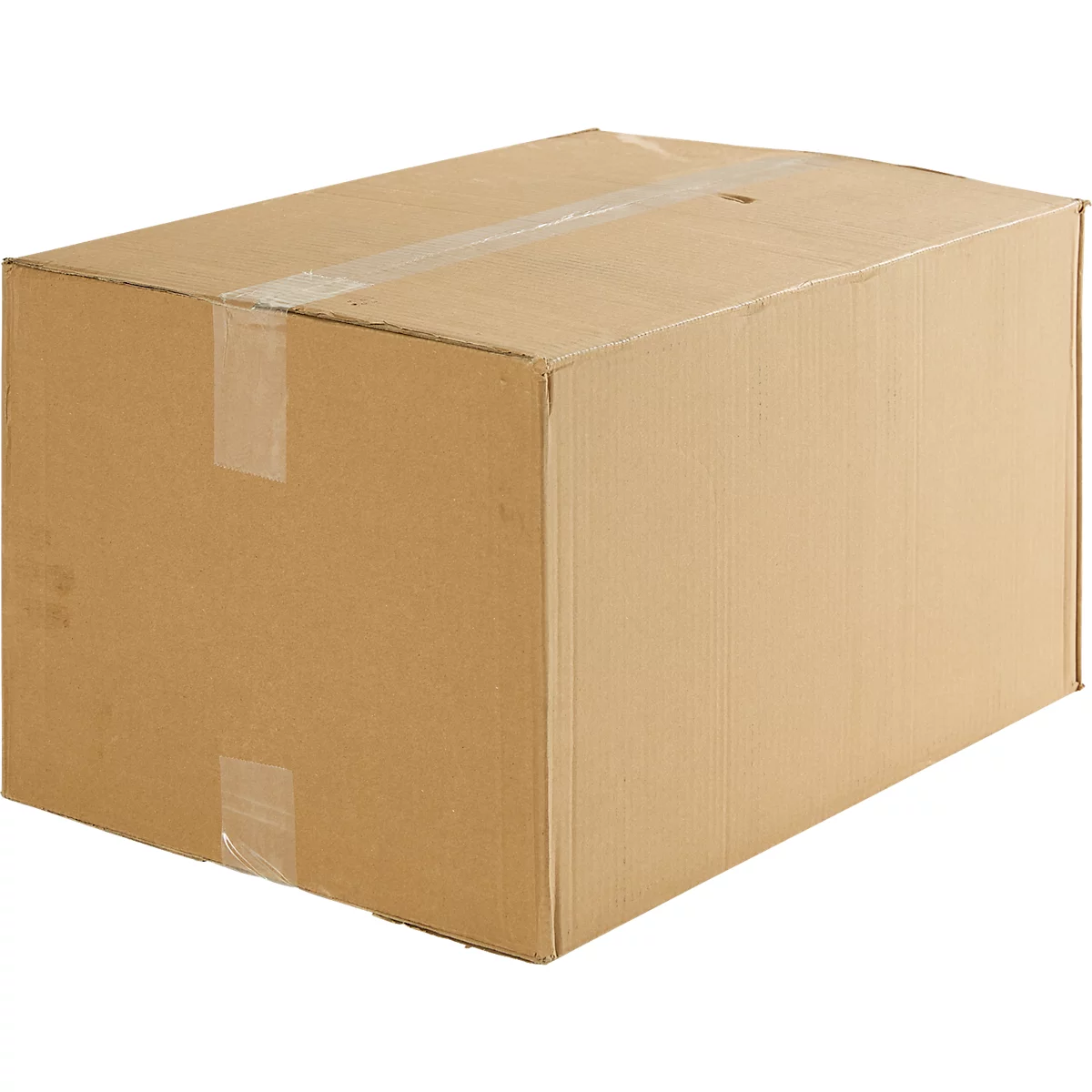 Brauner Karton, mit Klebeband verschlossen. Die Seiten sind mit senkrechten Rillen versehen.