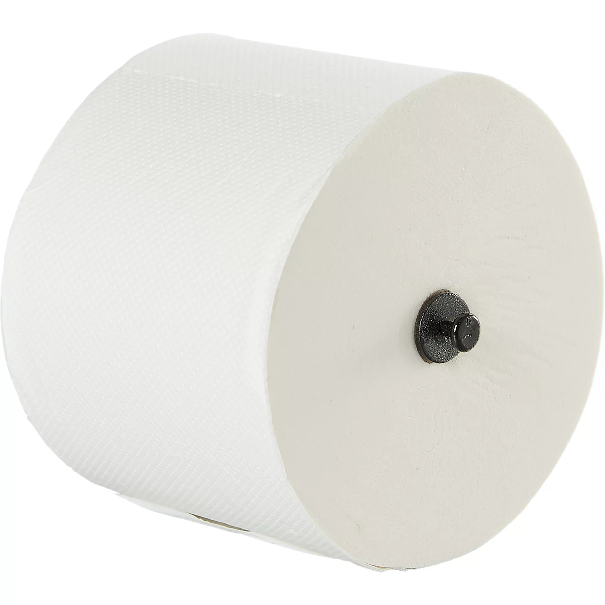 Nahaufnahme einer weißen Papierrolle mit schwarzem Befestigungsknopf.