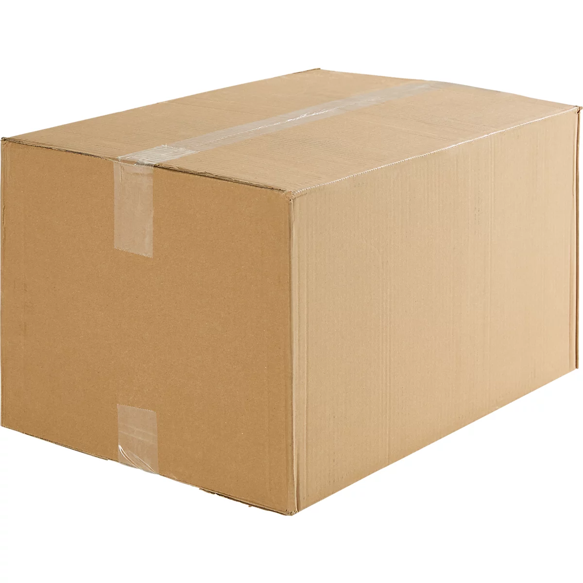 Brauner Pappkarton mit Klebeband verschlossen, vor weißem Hintergrund.