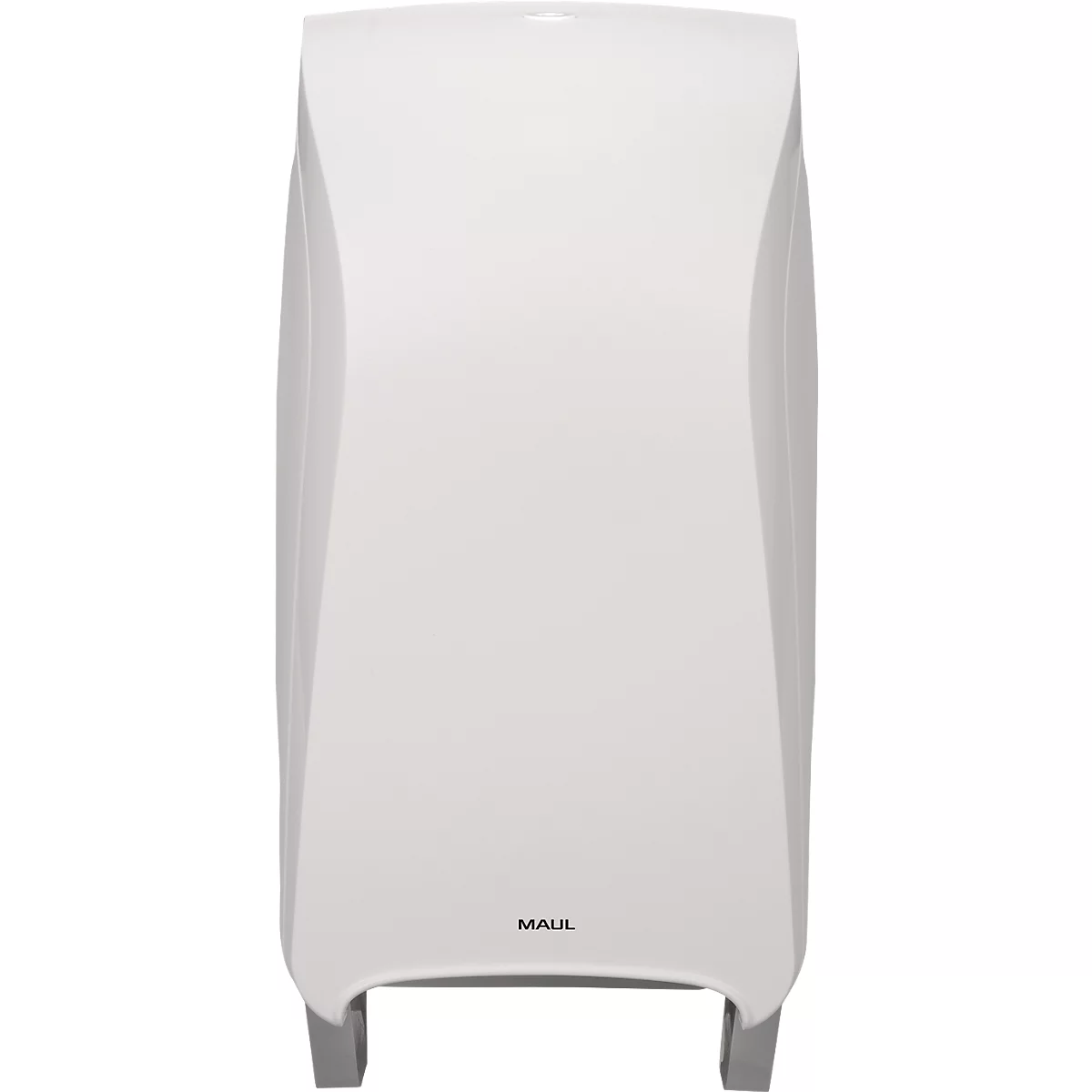 Weißer Papierhandtuchspender von MAUL. Rechteckige Form, abgerundete Ecken und graue Standfüße. Aufschrift MAUL.