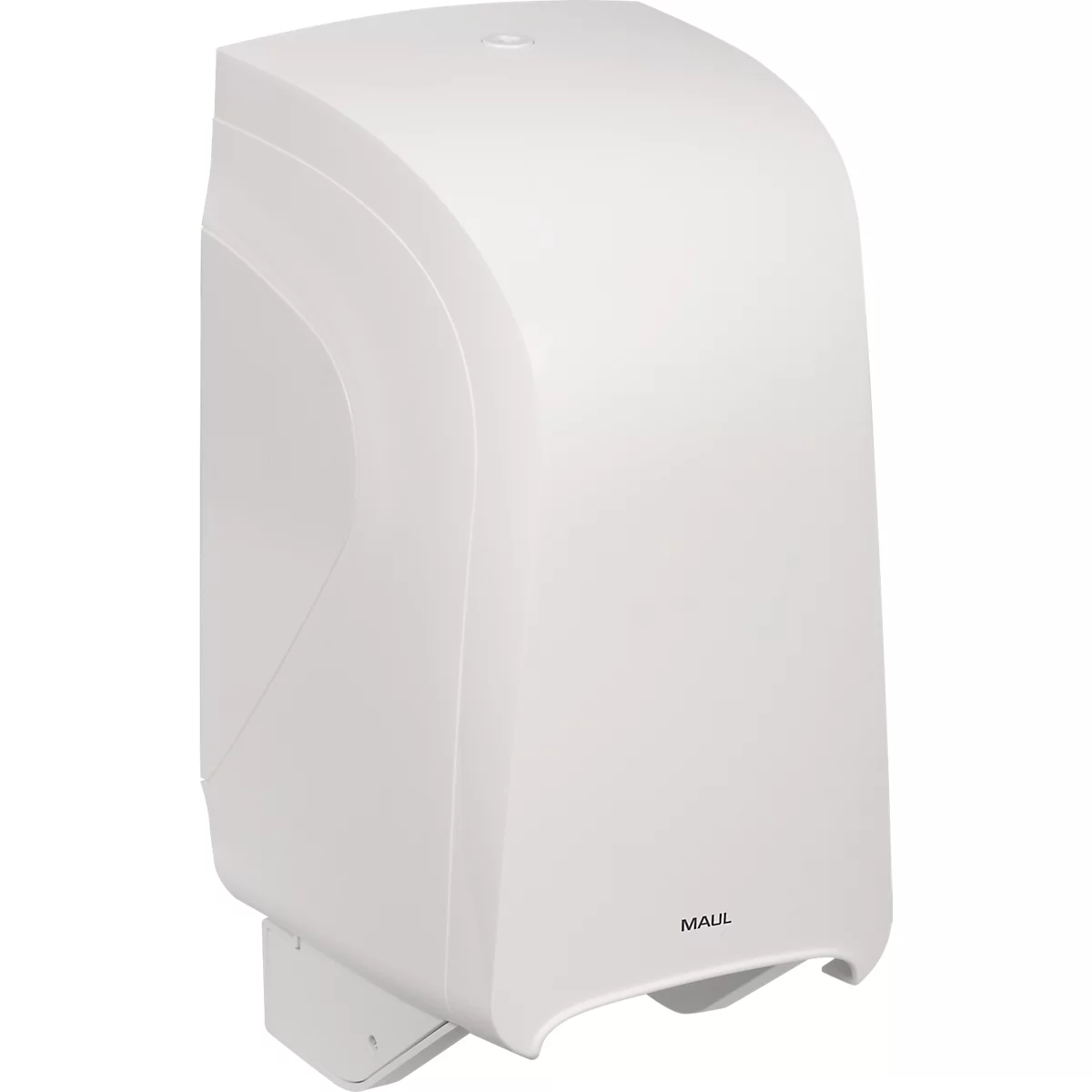 Weißer Papierhandtuchspender von MAUL. Geschwungene Form, Wandmontage.