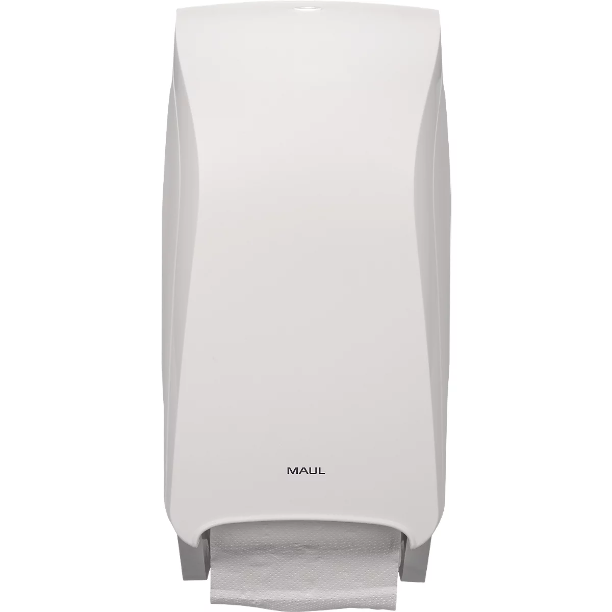 Weißer Papierhandtuchspender mit MAUL-Schriftzug. Papiertuch ragt aus einer Öffnung.