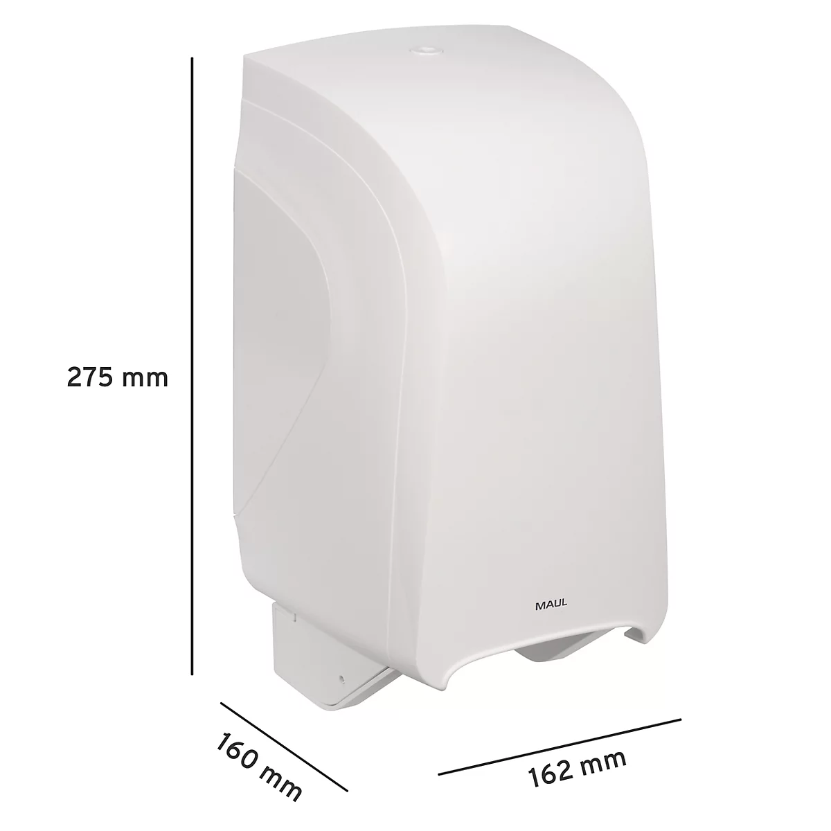 Weißer Papierhandtuchspender. Abmessungen sind angegeben: 275 mm hoch, 160 mm breit und 162 mm tief.