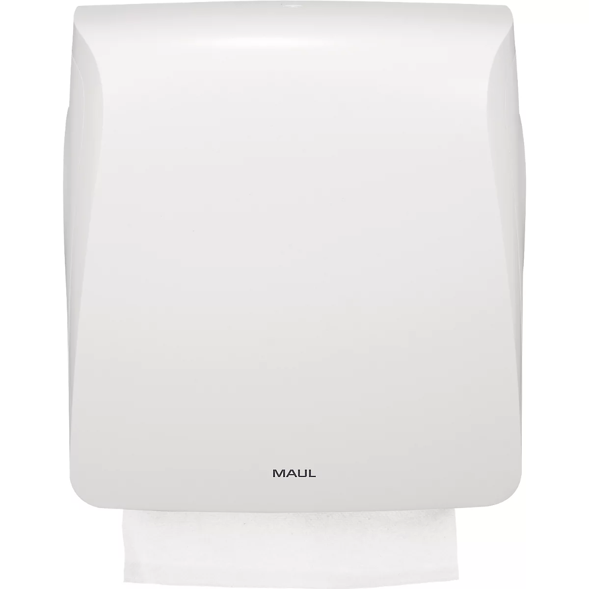 Witte papieren handdoekdispenser met MAUL-logo. Papier wordt er aan de onderkant uitgetrokken.