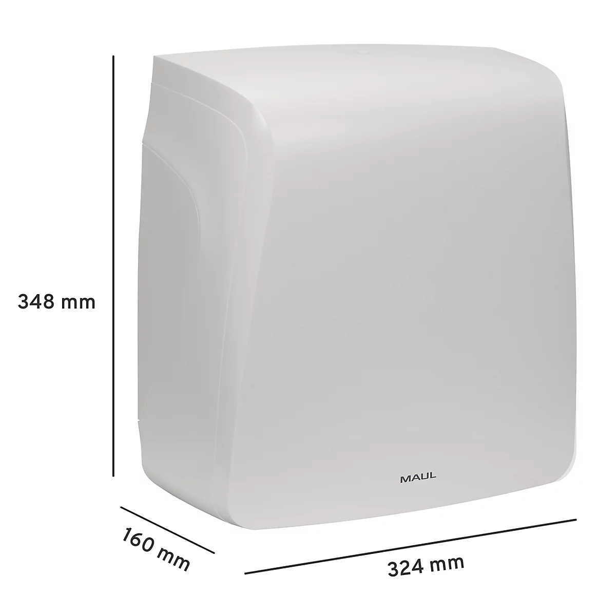 Een witte, hoekige handdroger met afmetingen: 348 mm hoog, 160 mm breed, 324 mm lang. Opschrift: MAUL.