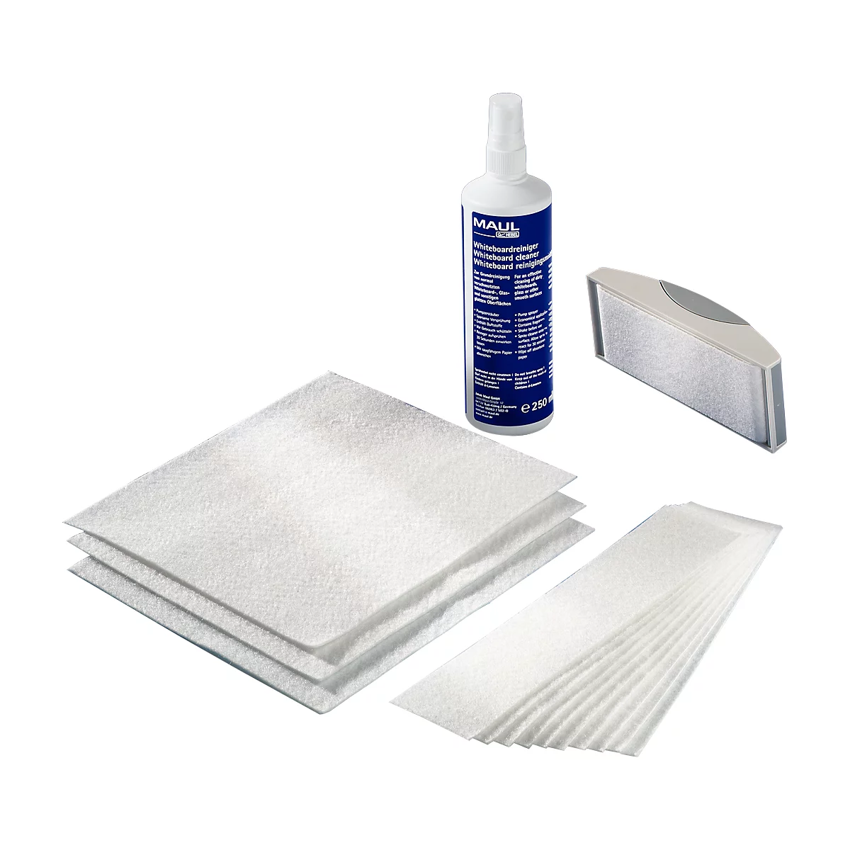 Various products for cleaning whiteboards. A bottle of cleaner, a sponge, wipes, and soft cloths.
