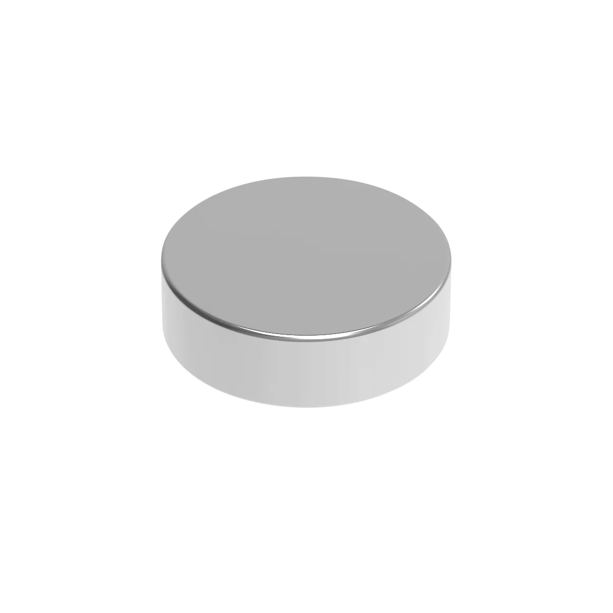Cylindrical silver disc on a white background. Smooth surface, circumferential edge.