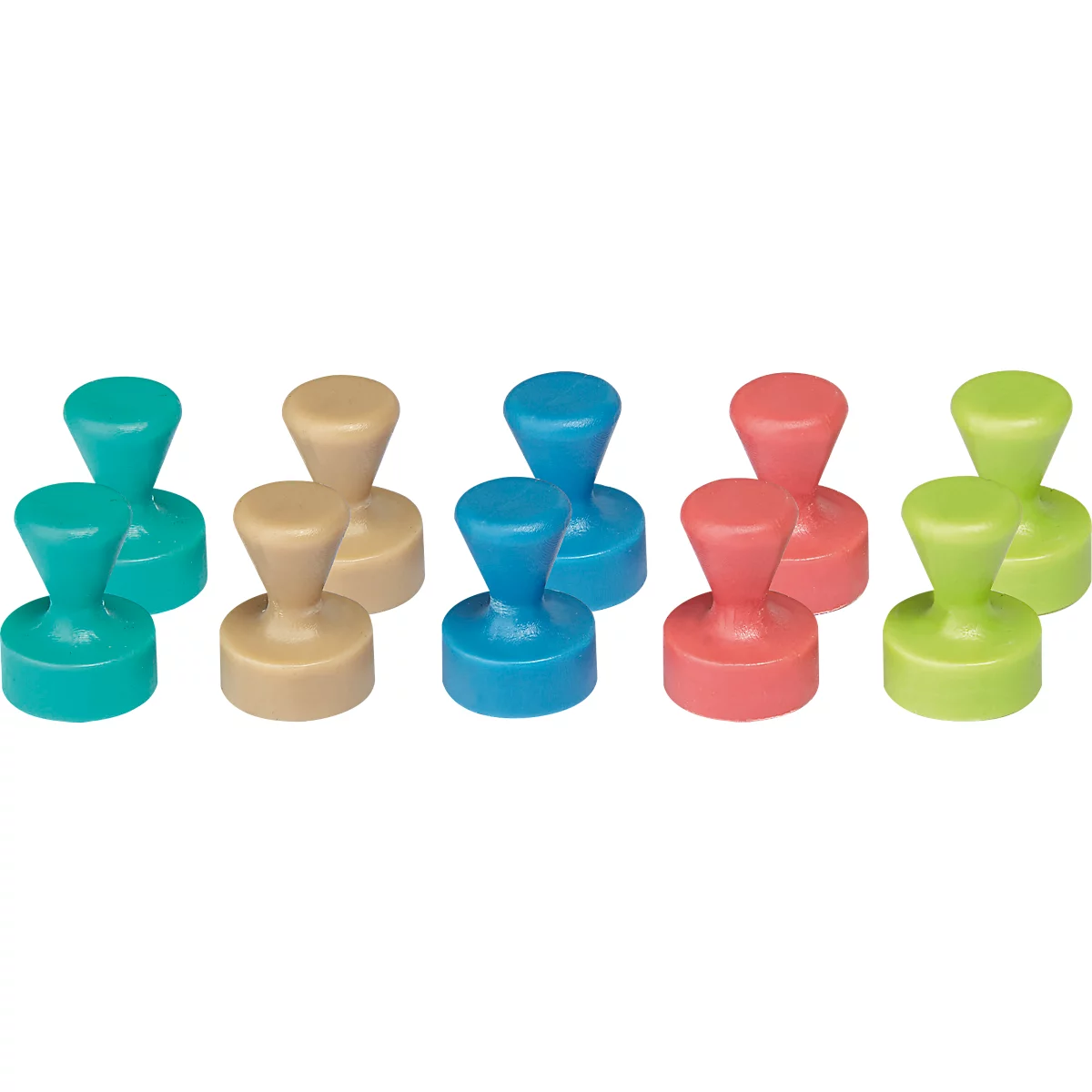 Close-up van kleurrijke koelkastmagneten: turquoise, beige, blauw, roze en groen.