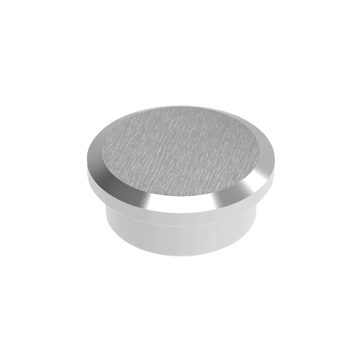 Metal button with brushed surface and white base.