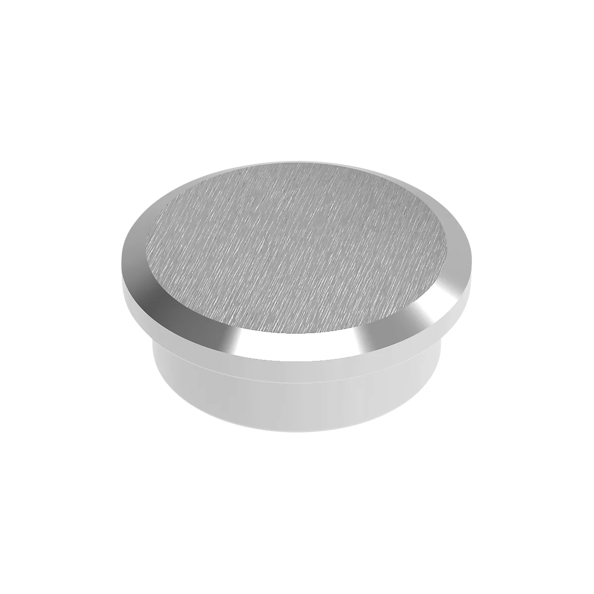 Round, silver button with brushed surface and white base.