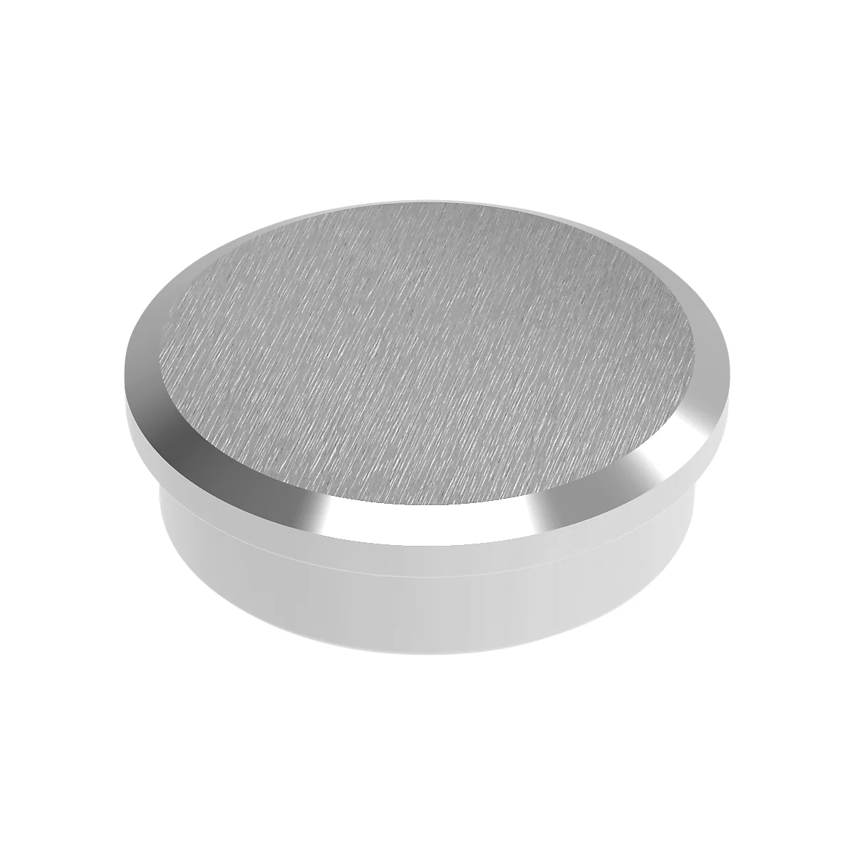 Silver, round metallic plug with brushed surface.