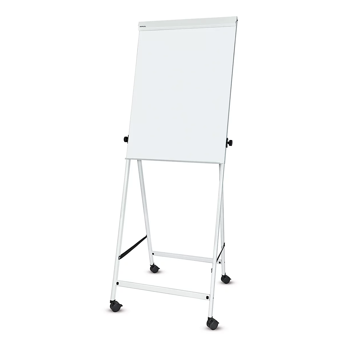 MAUL office flipchart, bord B 70 x H 100 mm, incl. plateau, traploos in hoogte verstelbaar, vierpootsbodem, vastzetbare dubbele zwenkwielen, wit