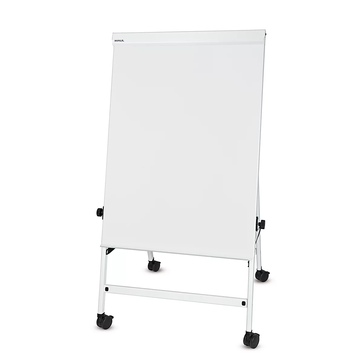 MAUL office flipchart, bord B 70 x H 100 mm, incl. plateau, traploos in hoogte verstelbaar, vierpootsbodem, vastzetbare dubbele zwenkwielen, wit