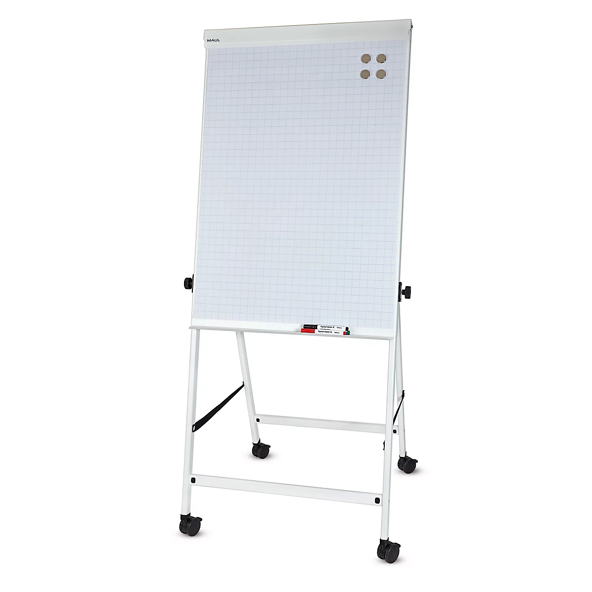 MAUL office flipchart, bord B 70 x H 100 mm, incl. plateau, traploos in hoogte verstelbaar, vierpootsbodem, vastzetbare dubbele zwenkwielen, wit