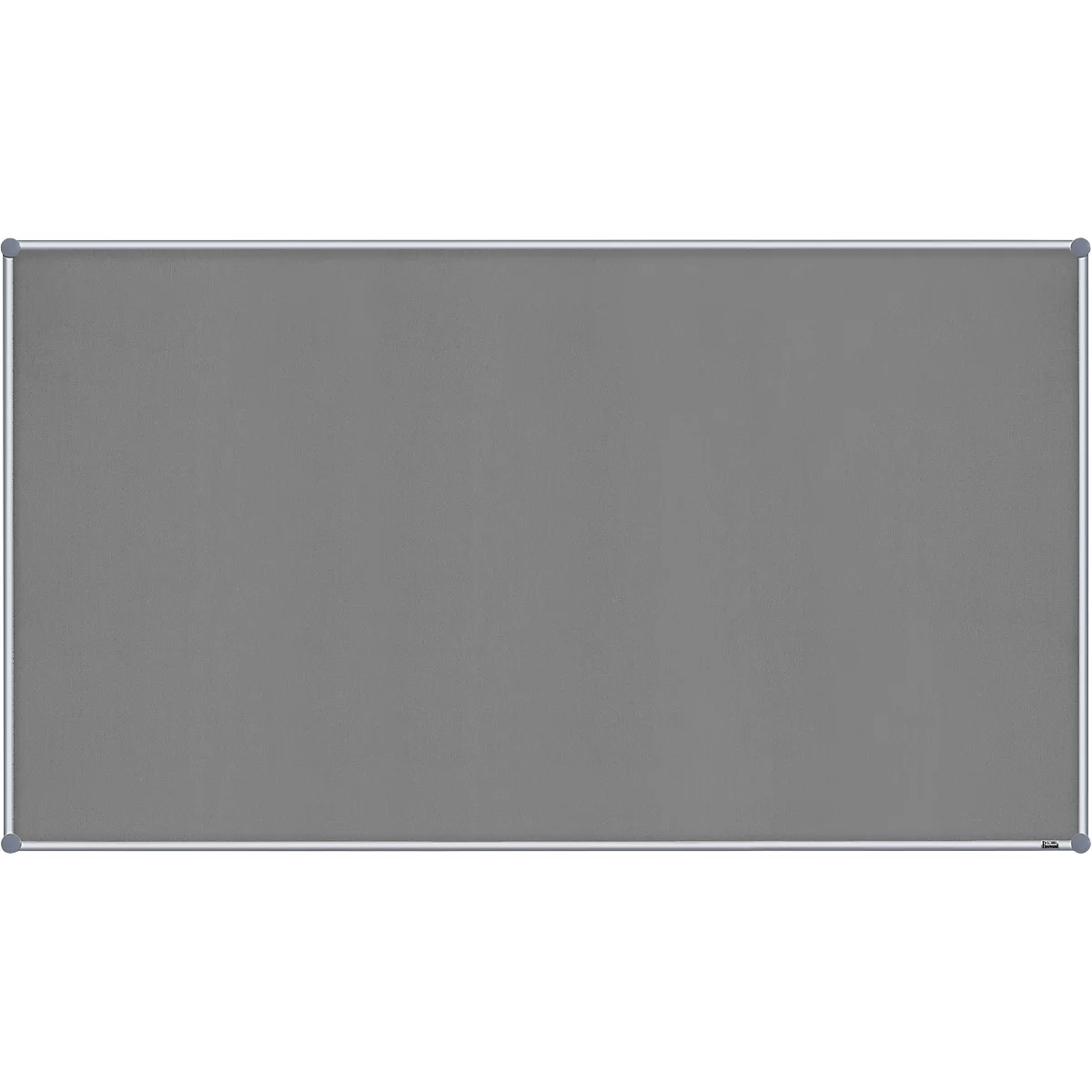 Grey pin board with a silver frame. Rectangular, horizontal. It's attached at the corners.