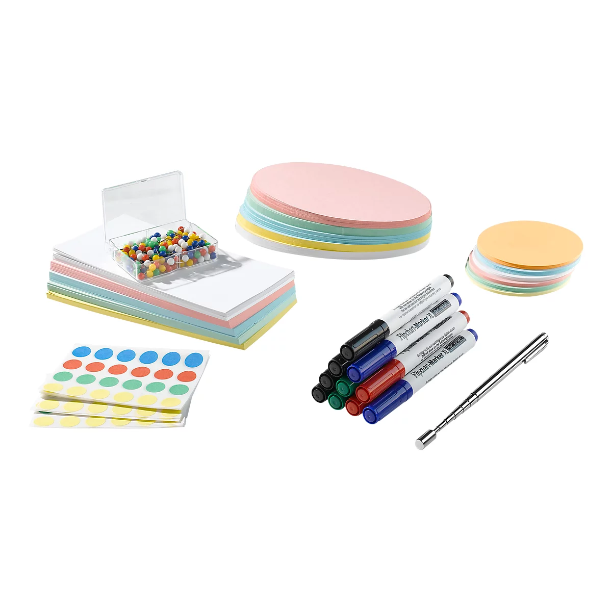 Diverse kantoorbenodigdheden: papier, pennen, magneet, zelfklevende stippen en kleurrijke cirkels.