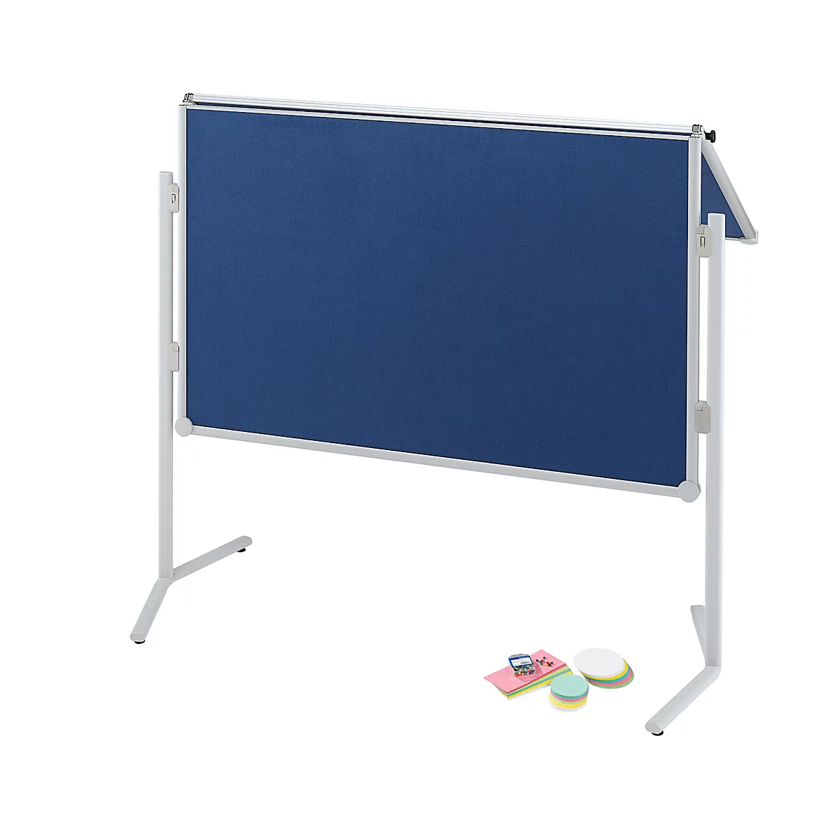 A blue pinboard whiteboard on a white frame; accessories in front.