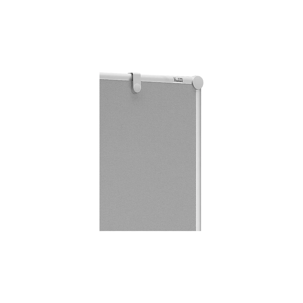 Close-up of a grey fabric wall, fitted with a white frame and hanging fixtures. Text 'VisiBoard' is visible.