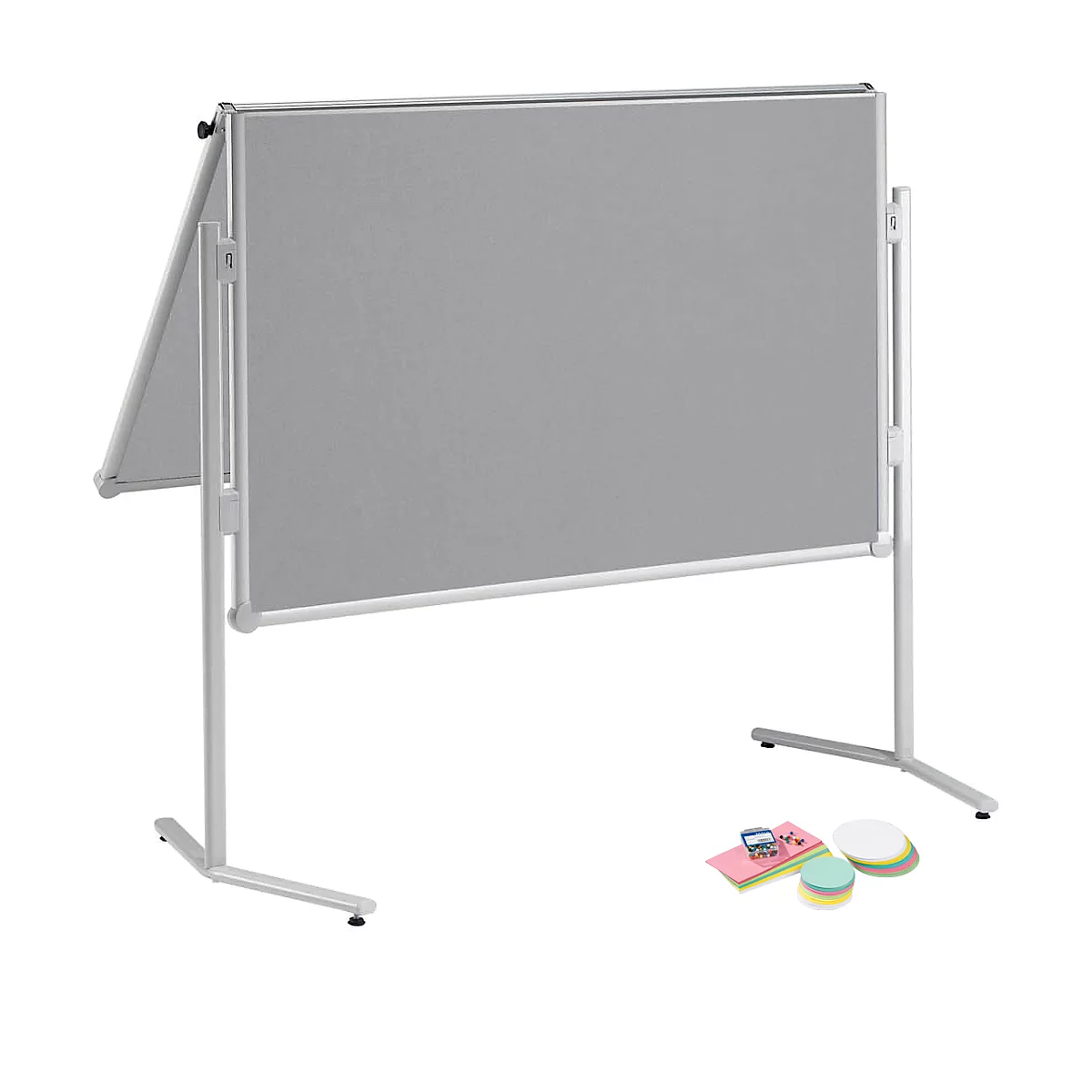 Gray, rotating pinboard with pen and accessories on a white background.