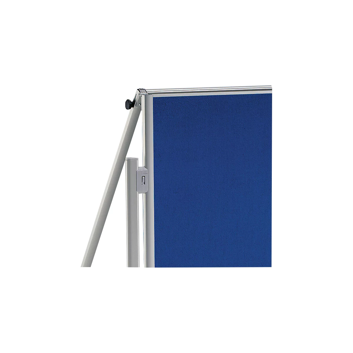 Close-up of a pinboard. Metal frame, blue surface, silver supports.