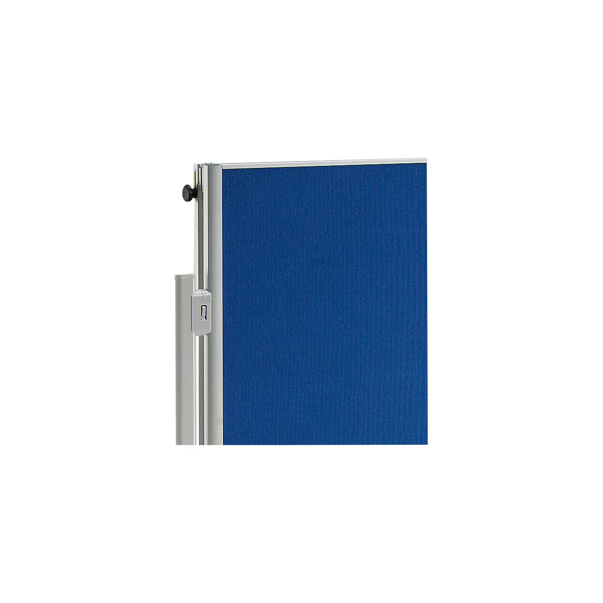 Close-up of a blue fabric surface with vertical ribs. On the side: silver supports and black knob.
