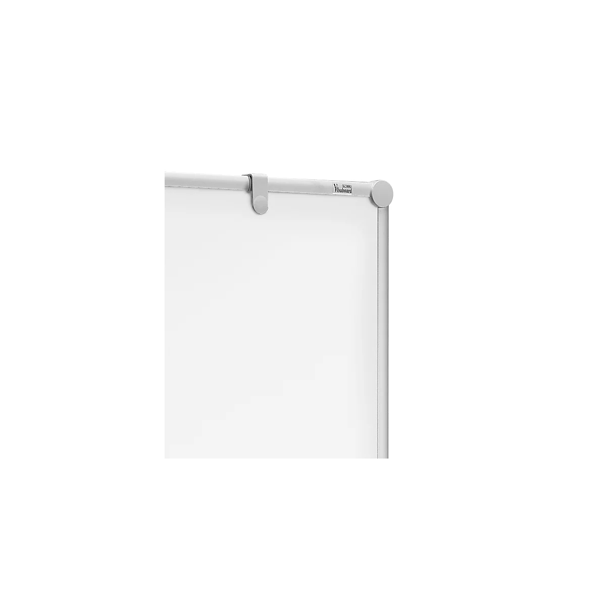 Close-up of a white board with bracket and logo.