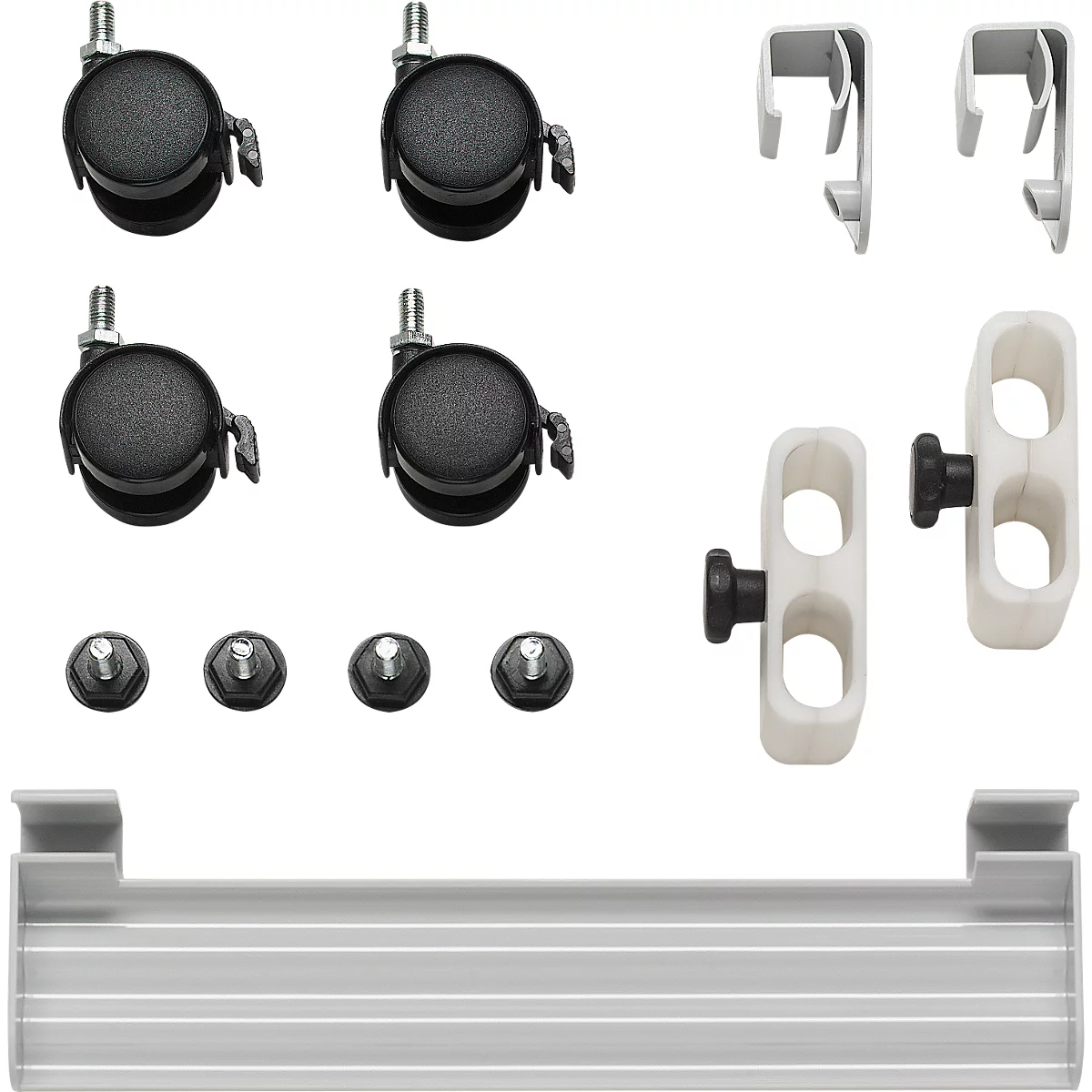 Various furniture parts: wheels, screws, brackets, and a rail.