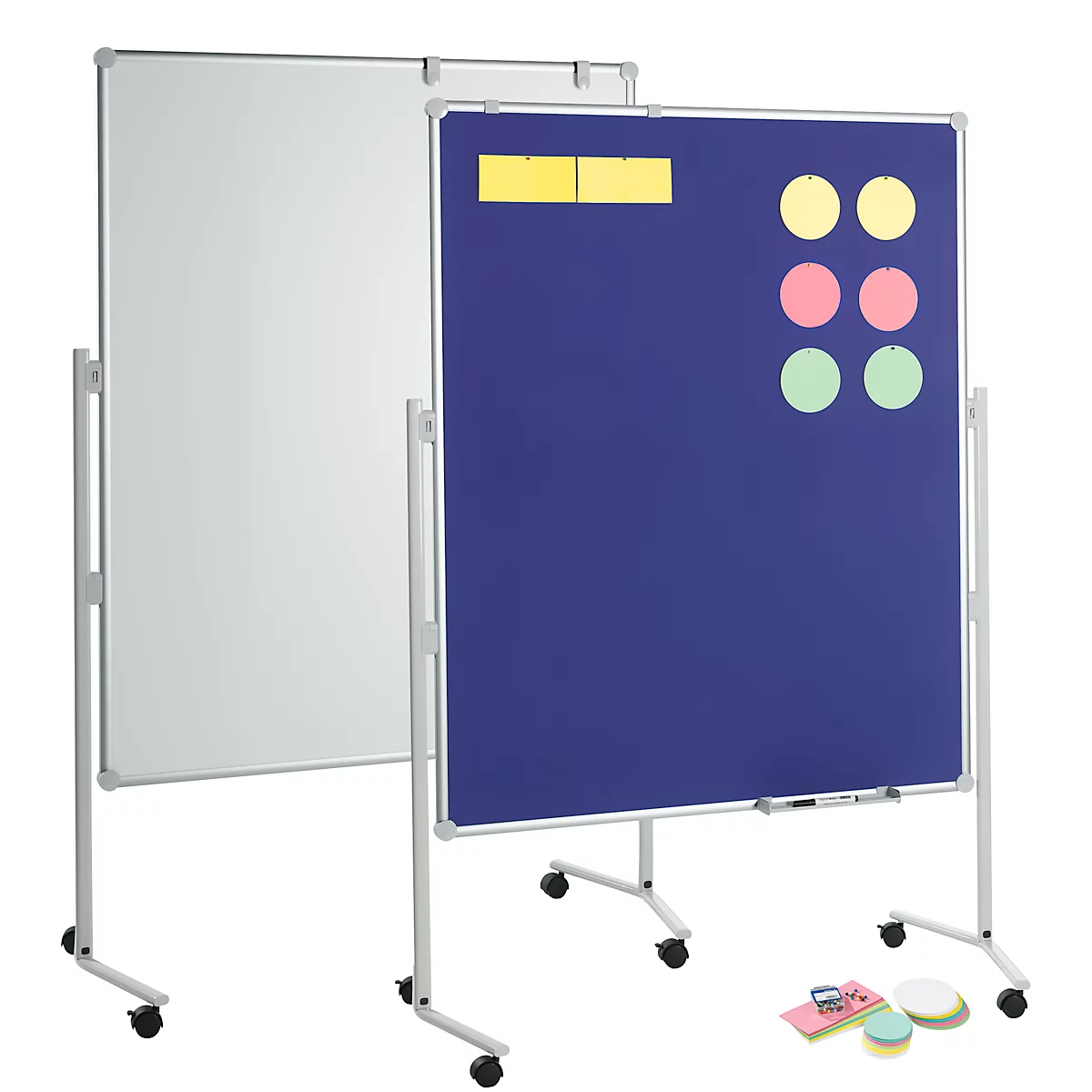 Two mobile presentation boards. A white board on the left, a blue felt board on the right. Stickers and notes are attached.