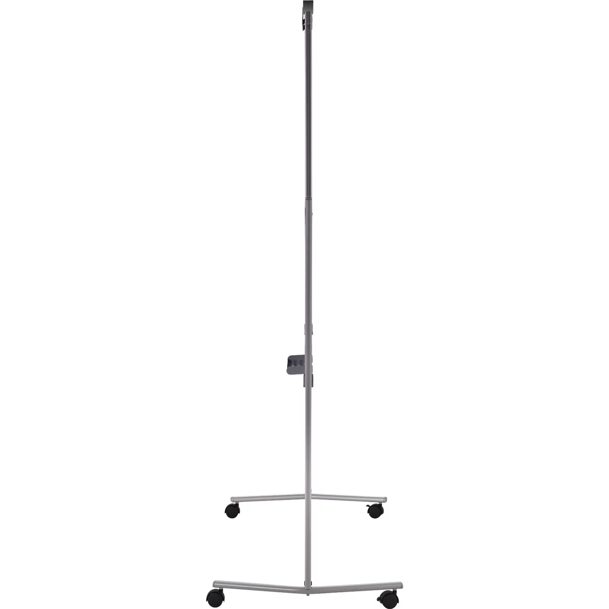Gray presentation stand with wheels. Three legs on the ground, a pole in the middle, adjustable.