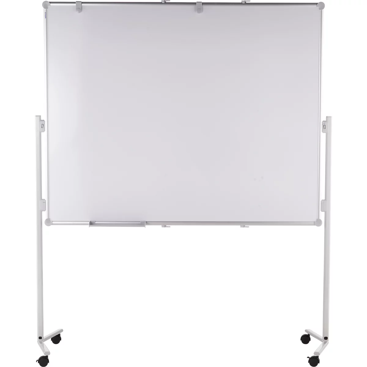 Whiteboard on wheels. Metal frame, pen holder, white background.