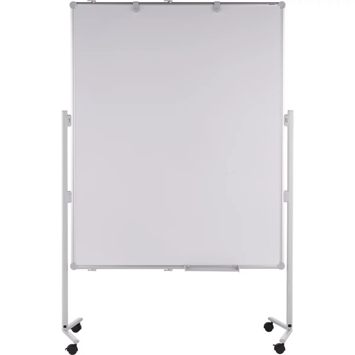 White, freestanding whiteboard on wheels, with a metallic frame.