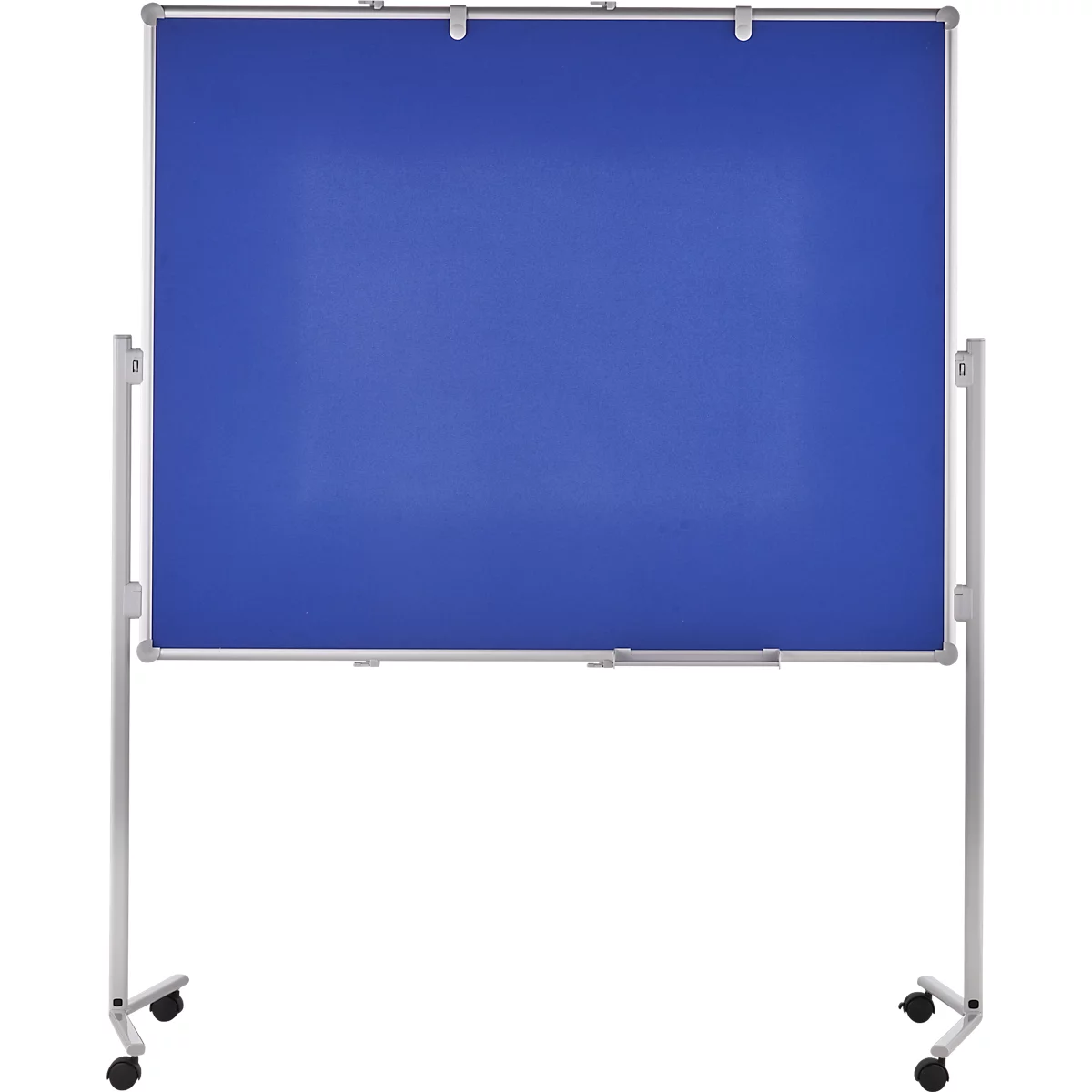 Blue, rollable whiteboard with silver frame. Standing on wheels.